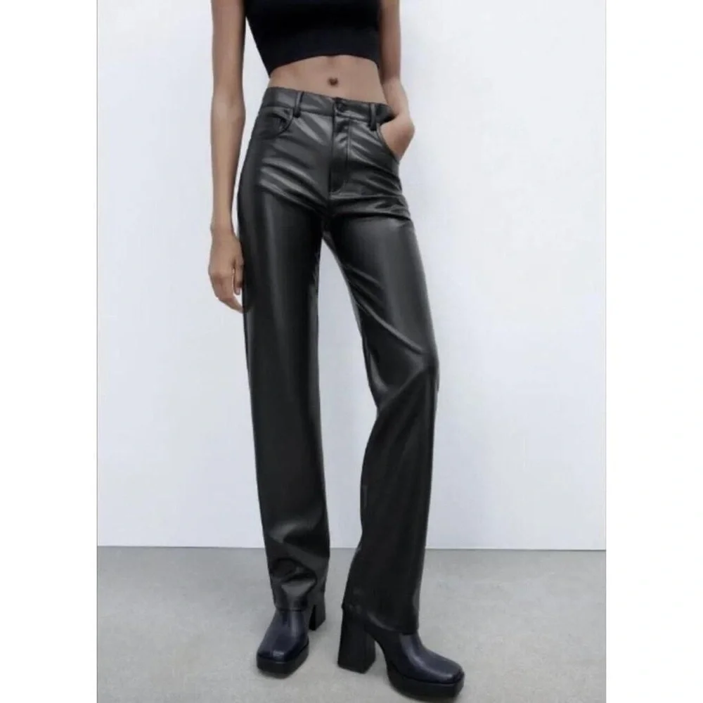 Zara Wide Leg Faux Leather Pants Black High Rise Vegan Leather Size 0 - Picture 1 of 5